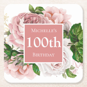 Dessous De Verre Carré Fête d'anniversaire de 100 ans sur le thème floral