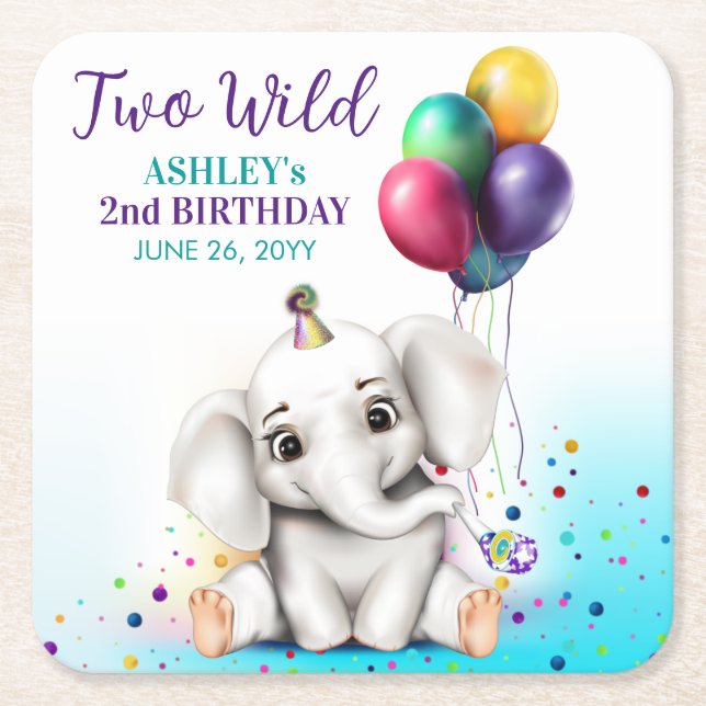 Dessous De Verre Carré Fête d'anniversaire de l'éléphant mignon (Devant)