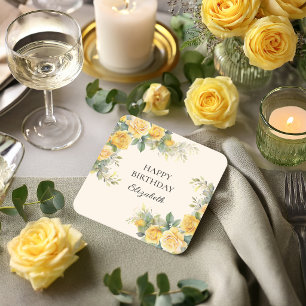 Dessous De Verre Carré Fête d'anniversaire florale avec rose jaune élégan
