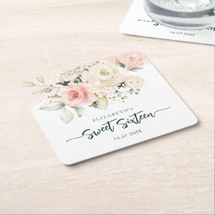 Dessous De Verre Carré Fête d'anniversaire personnalisée Sweet 16 fleurs 