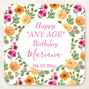 Dessous De Verre Carré Fête d'anniversaire simple rose orange