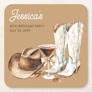 Dessous De Verre Carré Fête d'anniversaire Western Cowgirl Brun Rustique