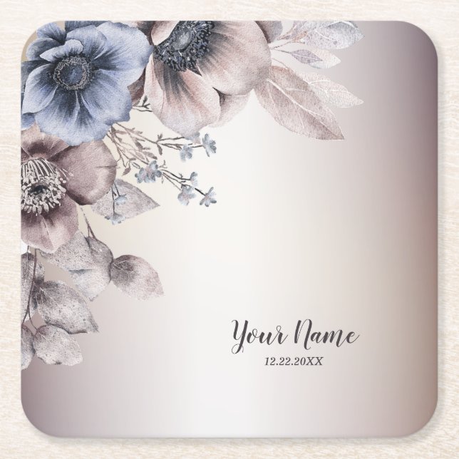 Dessous De Verre Carré Fête de mariage Aquarelle Pastel Blue Beige Fleurs (Devant)