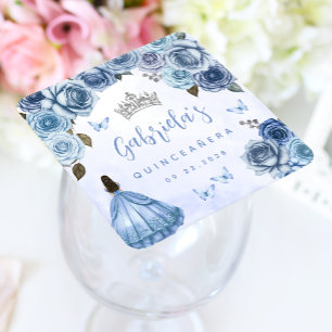 Dessous De Verre Carré Fête de Quinceañera aux fleurs argentées bleues