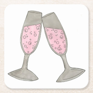 Dessous De Verre Carré Fête des mariées Mariage en verre de Champagne ros