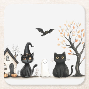 Dessous De Verre Carré Fête d'Halloween aux chats noirs mignons