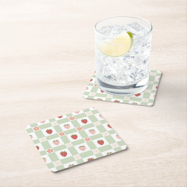 Dessous De Verre Carré Fête Pastel Vert Gingham Fraise (En situation)