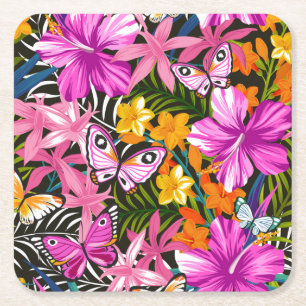 Dessous De Verre Carré Feuille et fleurs tropicaux