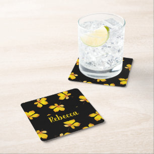 Dessous De Verre Carré Feuille sec jaune nom personnalisé noir