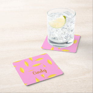Dessous De Verre Carré Feuille sec jaune nom personnalisé rose