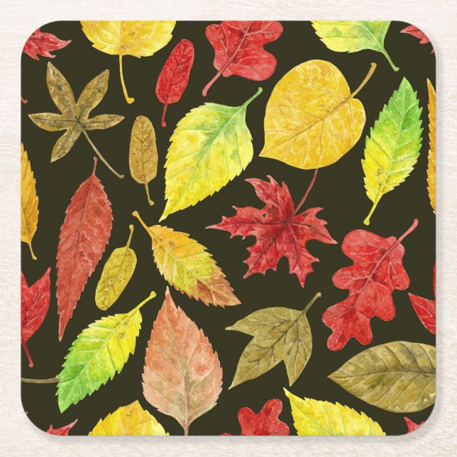 Dessous De Verre Carré Feuilles d'automne aquarelle foncée (Devant)
