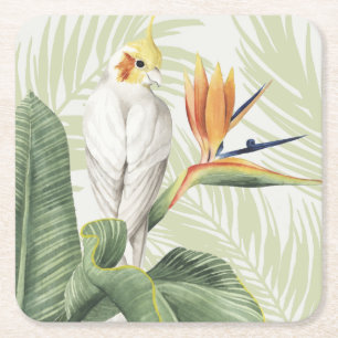 Dessous De Verre Carré Feuilles de palmiers à oiseaux blancs