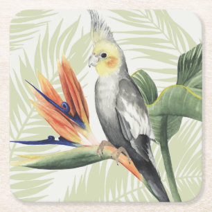 Dessous De Verre Carré Feuilles de palmiers à oiseaux noirs