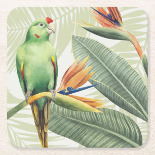 Dessous De Verre Carré Feuilles de palmiers à oiseaux verts