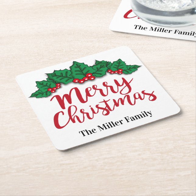 Dessous De Verre Carré Feuilles et baies de Noël Joyeux Personnalisés (Incliné)