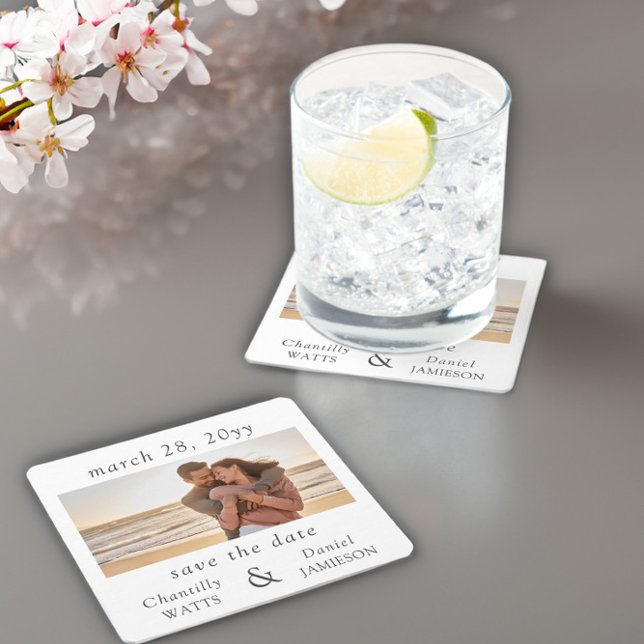 Dessous De Verre Carré Fiançailles photo mariage Enregistrer la date (Engagement photo save the date coasters by Darling & May)