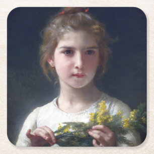 Dessous De Verre Carré Fille avec Mimosa, Bouguereau