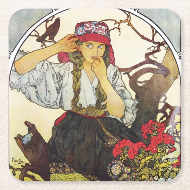 Dessous De Verre Carré Fille et géranium, Mucha (Devant)