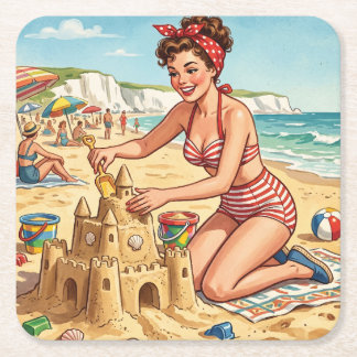 Dessous De Verre Carré Fille Pin Up Vintage Construisant un Château de Sa