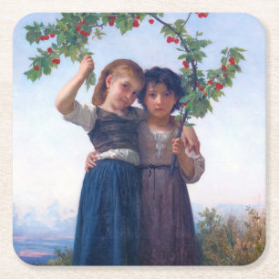 Dessous De Verre Carré Filles avec la Branche Cerise, Bouguereau