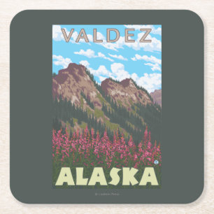 Dessous De Verre Carré Fireweed et montagnes - Valdez, Alaska