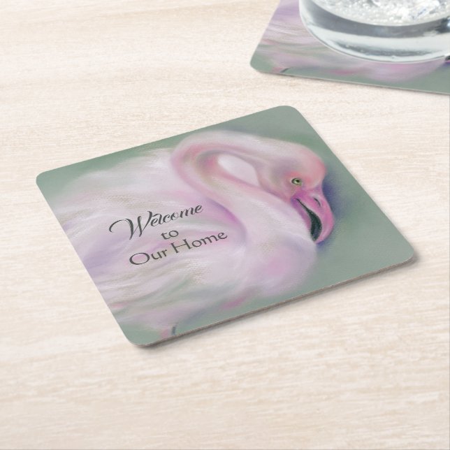 Dessous De Verre Carré Flamant rose rose doux Pastel (Incliné)