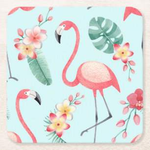 Dessous De Verre Carré Flamants roses Fleurs tropicales Motif aquarelle