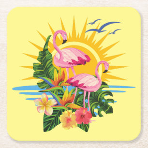 Dessous De Verre Carré Flamants roses tropicaux soleil et fleurs