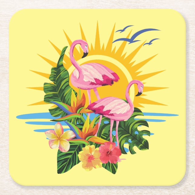 Dessous De Verre Carré Flamants roses tropicaux soleil et fleurs (Devant)