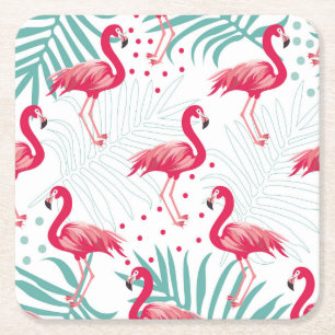 Dessous De Verre Carré Flamingo tropical et feuille, motif d'été.