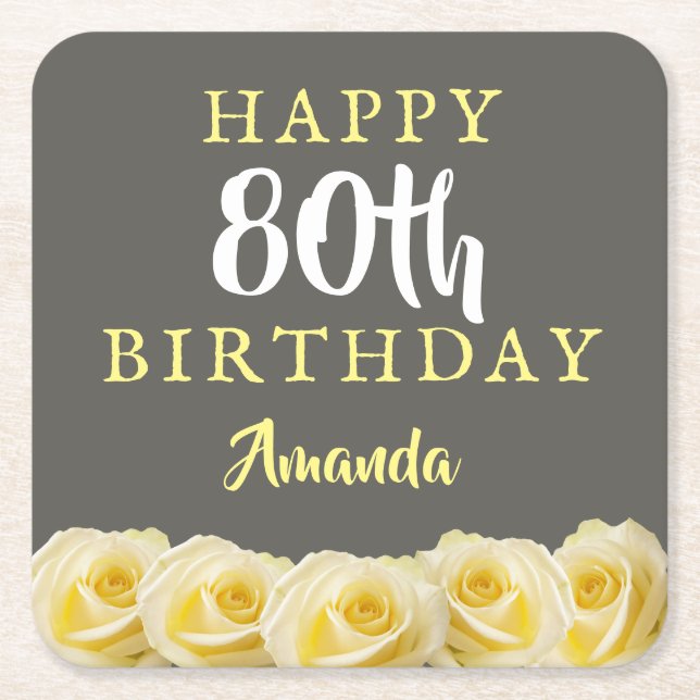 Dessous De Verre Carré Fleur de rose jaune 80e anniversaire (Devant)