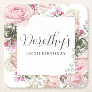 Dessous De Verre Carré Fleur rose 100e fête d'anniversaire Personnalisé