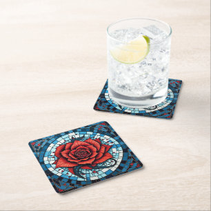 Dessous De Verre Carré Fleur Rose en mosaïque blanche rouge