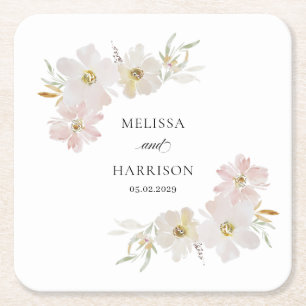 Dessous De Verre Carré Fleurs aquarelles crème et blush