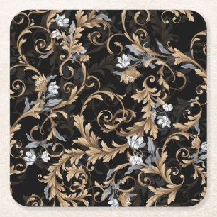 Dessous De Verre Carré Fleurs baroques classiques : arrière - plan noir.