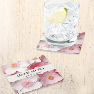 Dessous De Verre Carré Fleurs blanches roses nom fête d'anniversaire