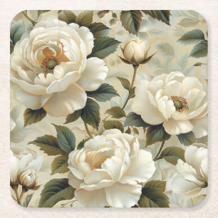 Dessous De Verre Carré Fleurs blanches sur fond crème. 