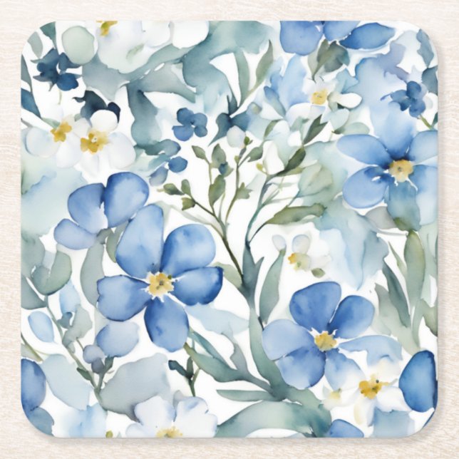Dessous De Verre Carré Fleurs Bleues Blanches Aquarelle Chic (Devant)