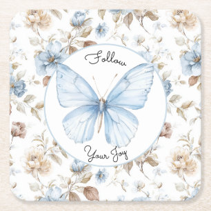 Dessous De Verre Carré Fleurs bleues romantiques feuilles brunes papillon