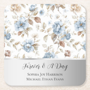 Dessous De Verre Carré Fleurs Bleues Romantiques Feuilles Marrons Mariage