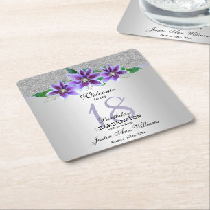 Dessous De Verre Carré Fleurs Clematis et Argent Classy 18e anniversaire