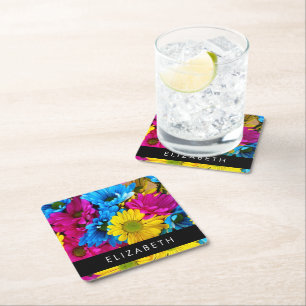 Dessous De Verre Carré Fleurs colorées, Faisées, Boho, Votre Nom