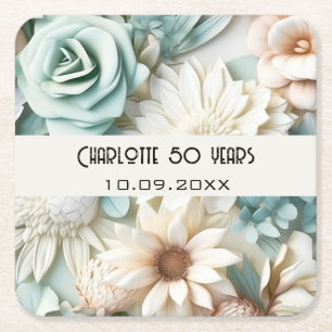 Dessous De Verre Carré Fleurs crème vert poussiéreux nom d'anniversaire