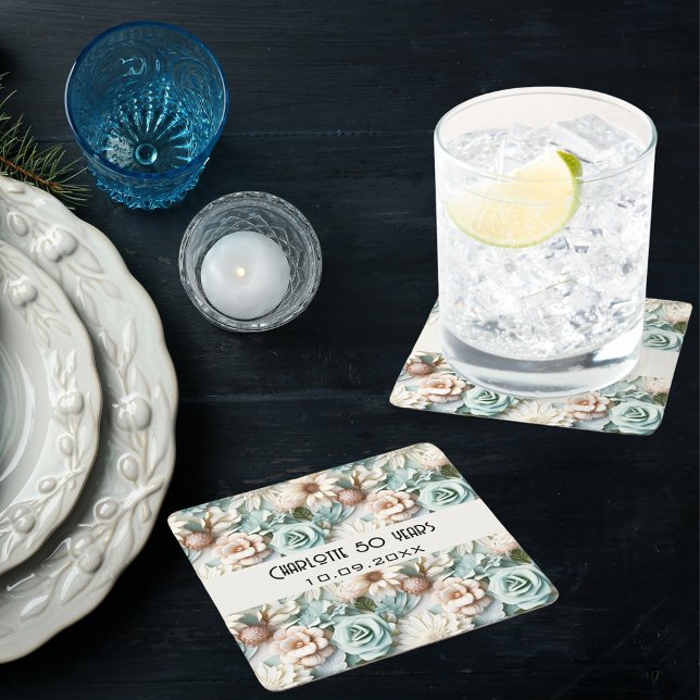 Dessous De Verre Carré Fleurs crème verte poussiéreuse nom d'anniversaire (Créateur téléchargé)
