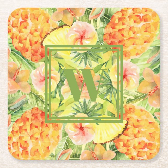 Dessous De Verre Carré Fleurs d'ananas Monogrammes (Devant)