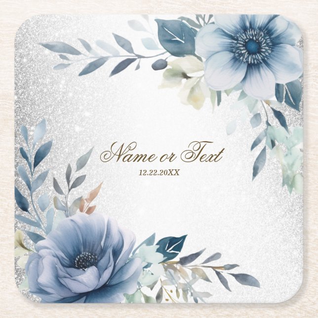 Dessous De Verre Carré Fleurs d'Aquarelle bleu Dusty Silver Elégant (Devant)