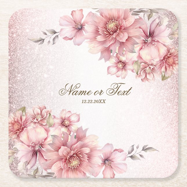 Dessous De Verre Carré Fleurs d'aquarelle rose fêtards Parties scintillan (Devant)