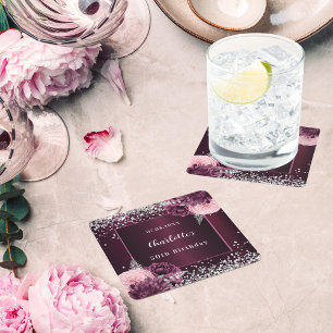 Dessous De Verre Carré Fleurs d'argent bourgogne anniversaire