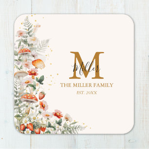 Dessous De Verre Carré Fleurs de champignons de forêt Monogramme floral b