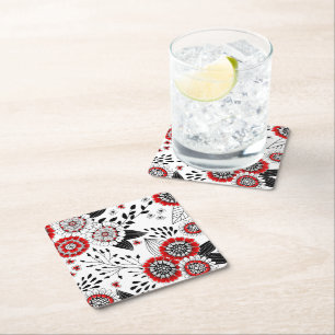Dessous De Verre Carré Fleurs de gribouillis et feuilles en rouge et noir